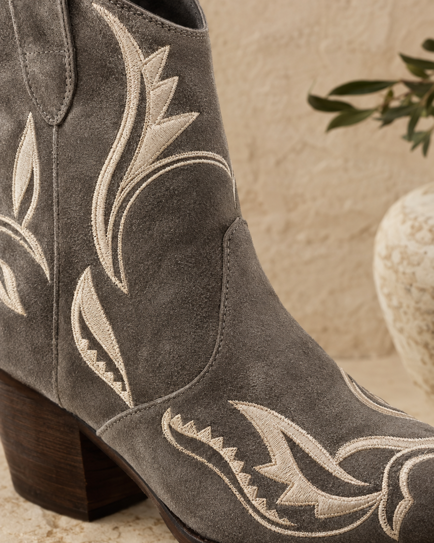 Embroidered Suede Western Ankle Boots — embroidery and suede detail