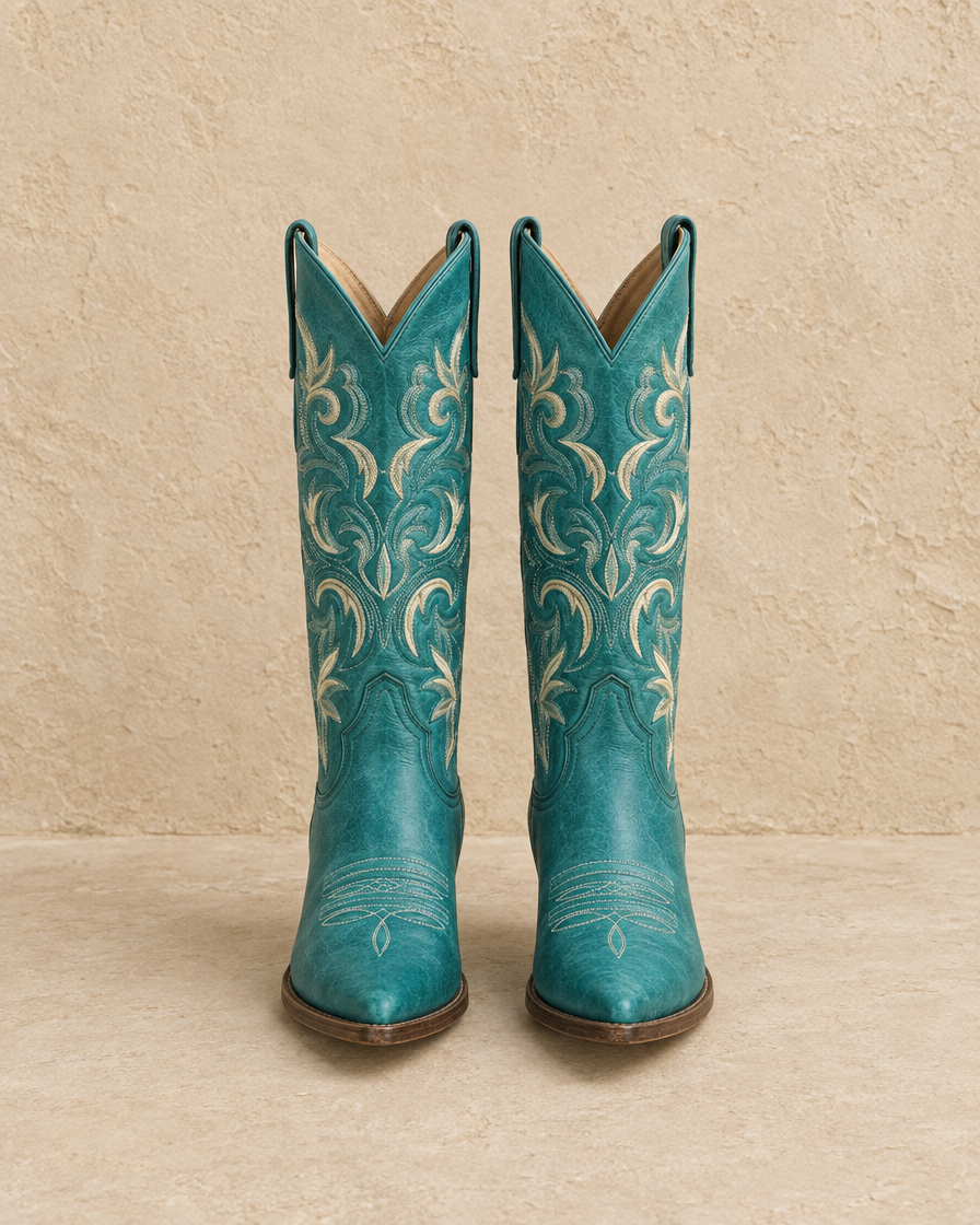 Embroidered Leather Cowboy Boots for Women — Turquoise Teal