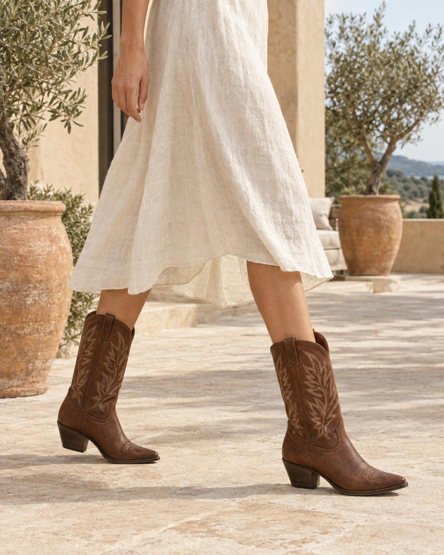Embroidered Leather Cowboy Boots for Women — worn outdoors