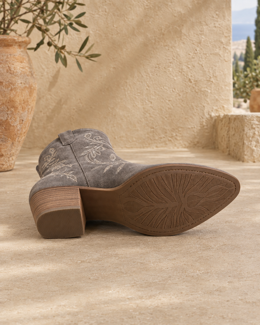Embroidered Suede Western Ankle Boots — outsole and block heel