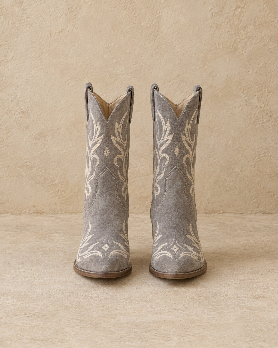 Embroidered Suede Western Ankle Boots — pair, front view