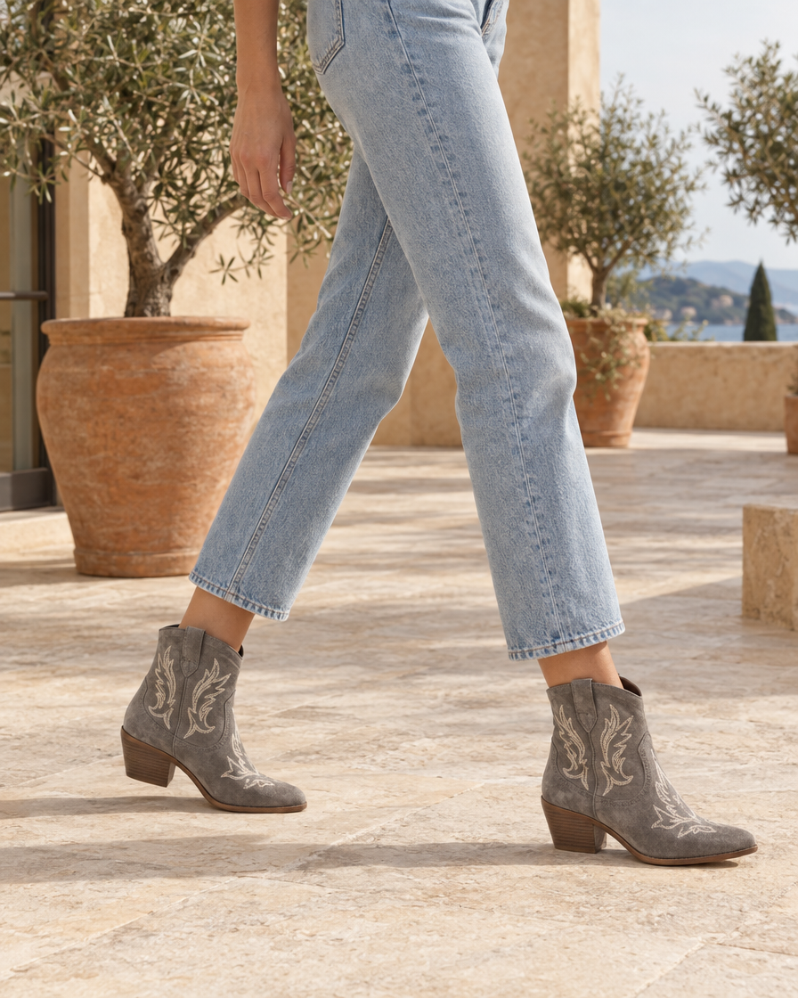 Embroidered Suede Western Ankle Boots — worn outdoors