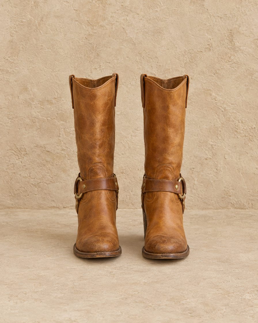 Leather Cowboy Boots with Harness Ring Strap — pair, front view