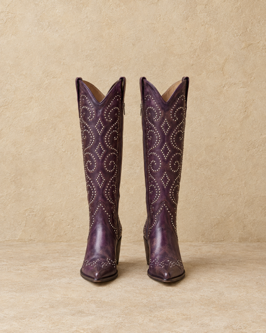 Studded Knee-High Western Boots with Pointed Toe — pair, front view