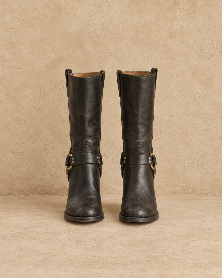 Leather Cowboy Boots with Harness Ring Strap — Black