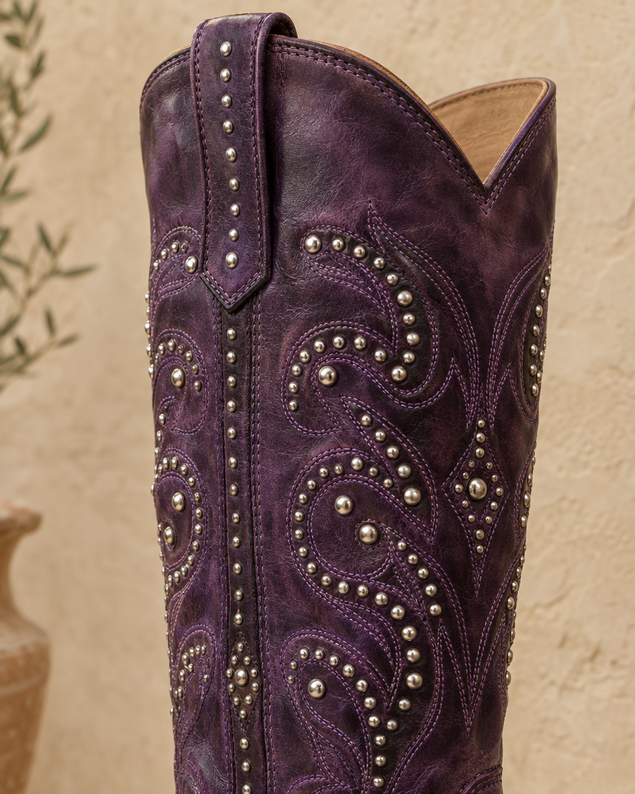 Studded Knee-High Western Boots with Pointed Toe — stud detail