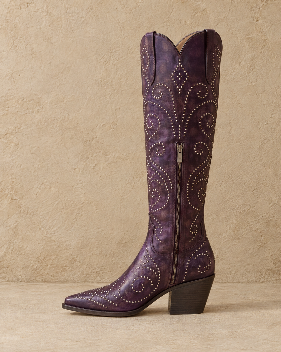 Studded Knee-High Western Boots with Pointed Toe — side profile