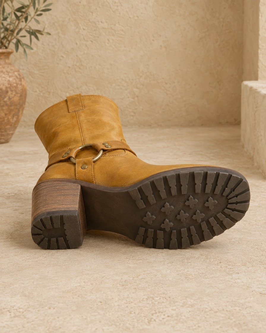 Leather Cowboy Boots with Harness Ring Strap — non-slip outsole