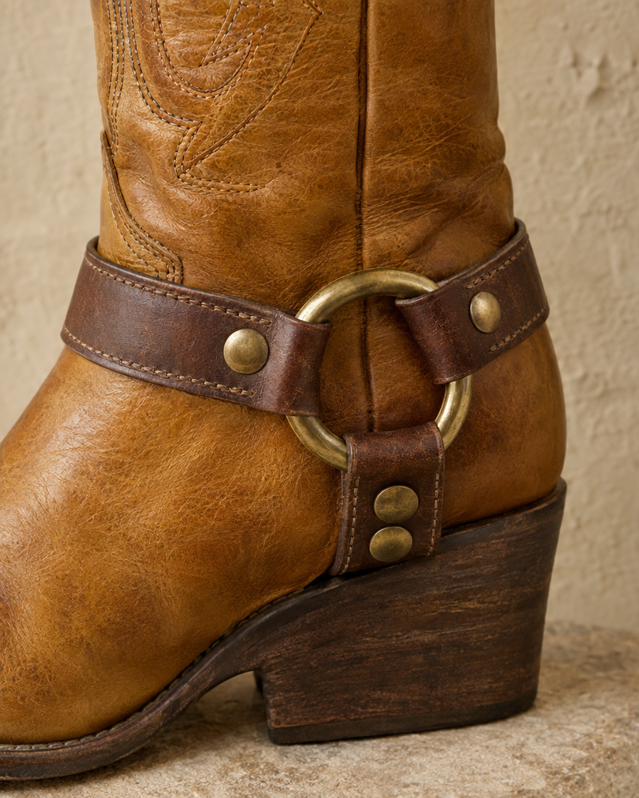 Leather Cowboy Boots with Harness Ring Strap — harness ring detail