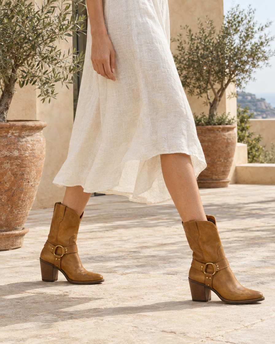 Leather Cowboy Boots with Harness Ring Strap — worn outdoors