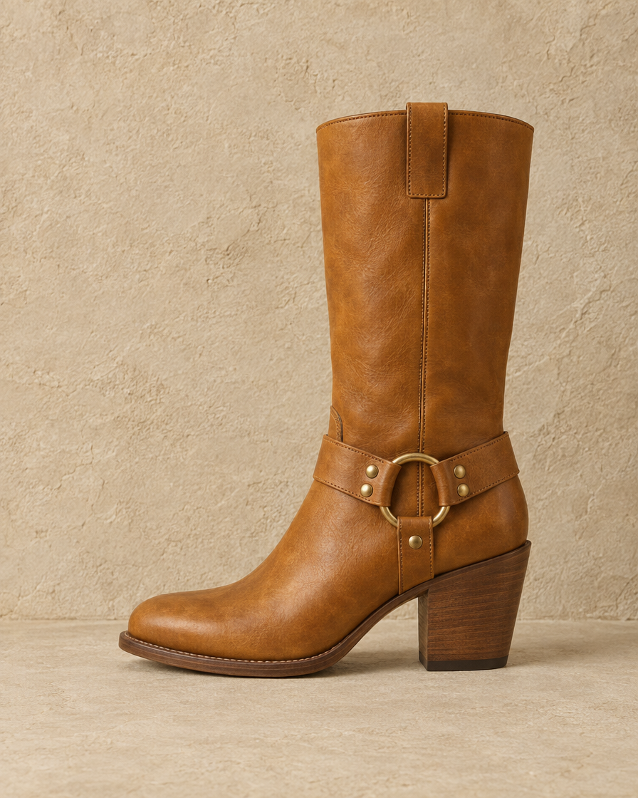 Leather Cowboy Boots with Harness Ring Strap — side profile
