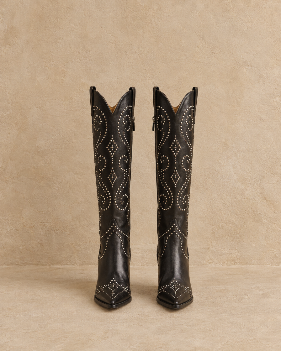 Studded Knee-High Western Boots with Pointed Toe — Black