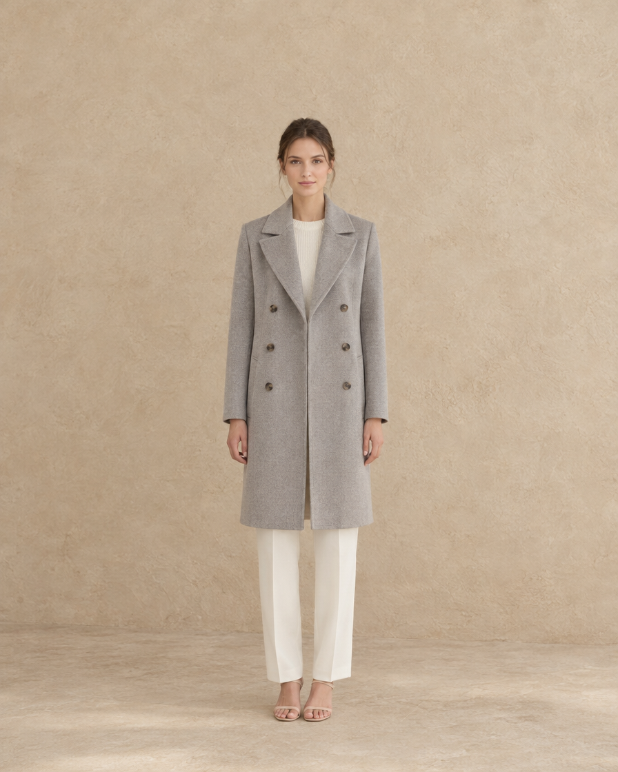 ONORA Eastbourne Classic Double-Breasted Trench Coat — full length front, Gray