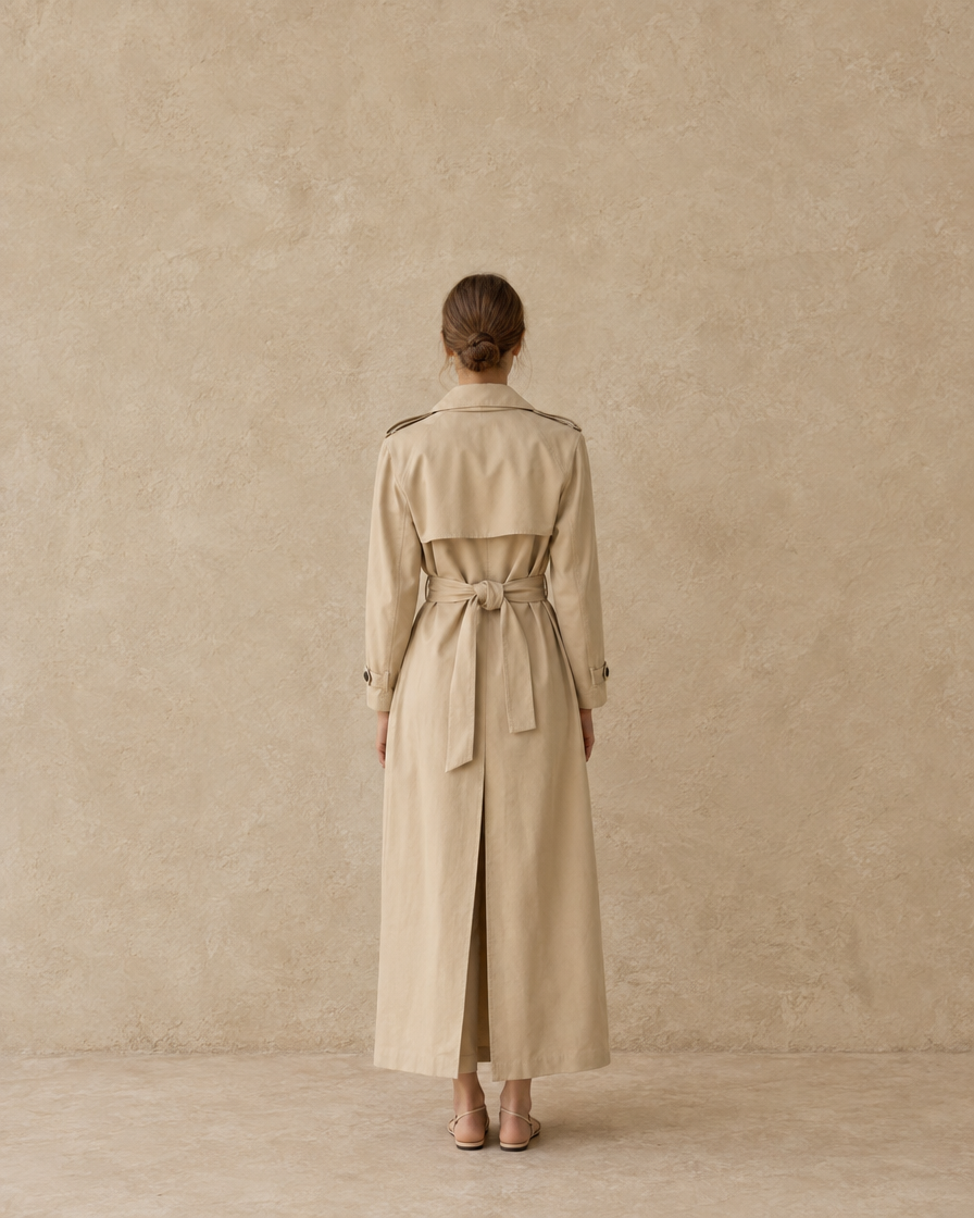 ONORA Maggiore Classic Belted Maxi Trench Coat — full length back
