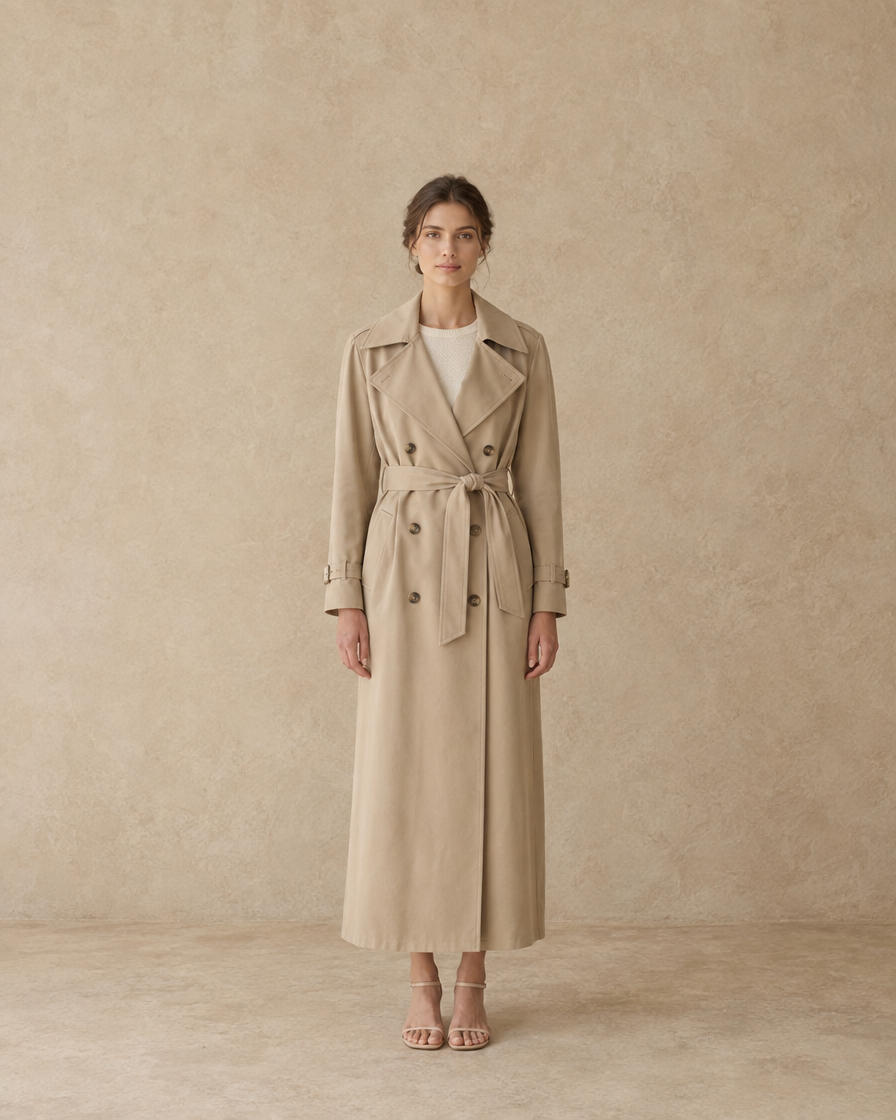 ONORA Maggiore Classic Belted Maxi Trench Coat — full length front, Beige