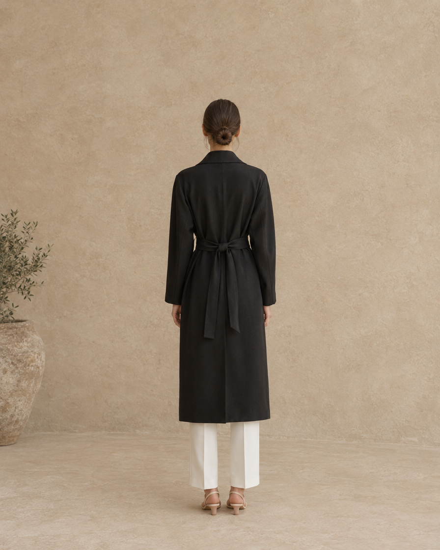 ONORA Sequoia Minimalist Wide-Lapel Longline Trench Coat — full length back