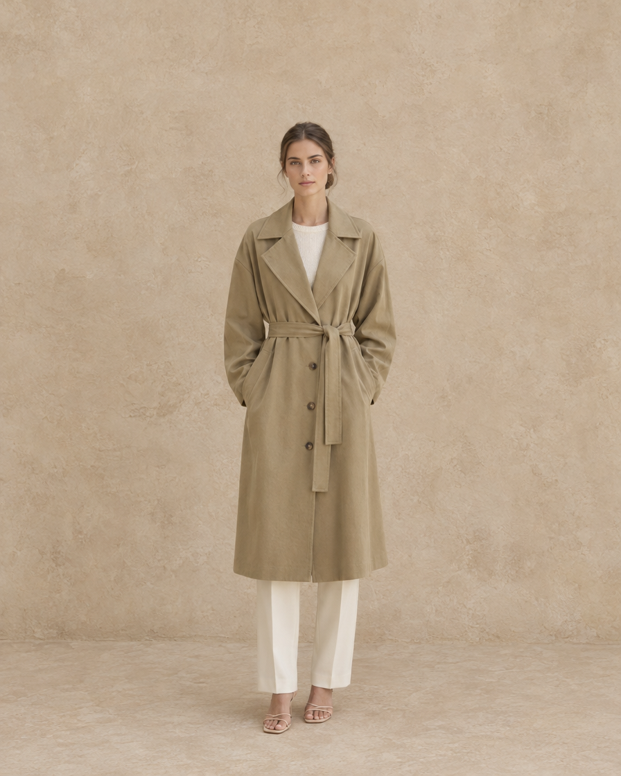 ONORA Windward Relaxed Tie-Waist Button-Front Trench Coat — full length front, Khaki