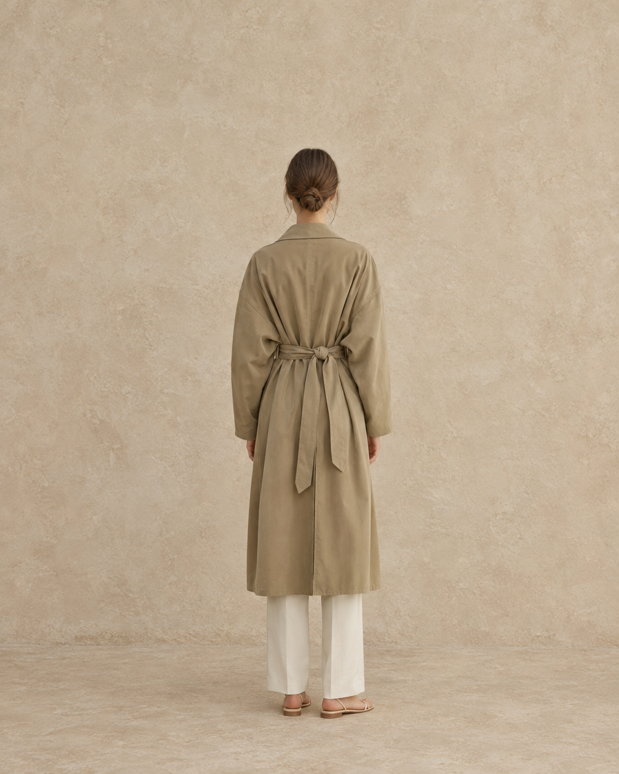 ONORA Windward Relaxed Tie-Waist Button-Front Trench Coat — full length back
