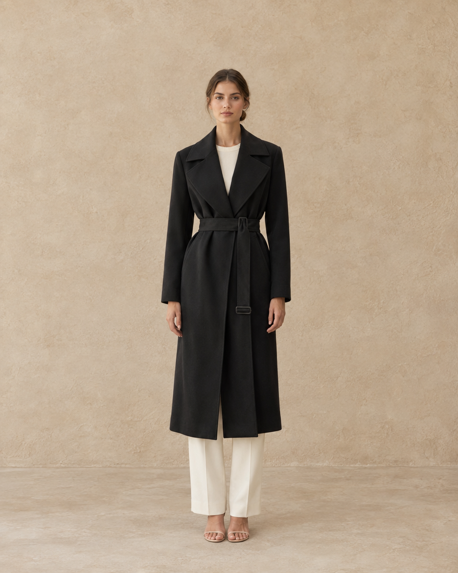 ONORA Sequoia Minimalist Wide-Lapel Longline Trench Coat — full length front, Black