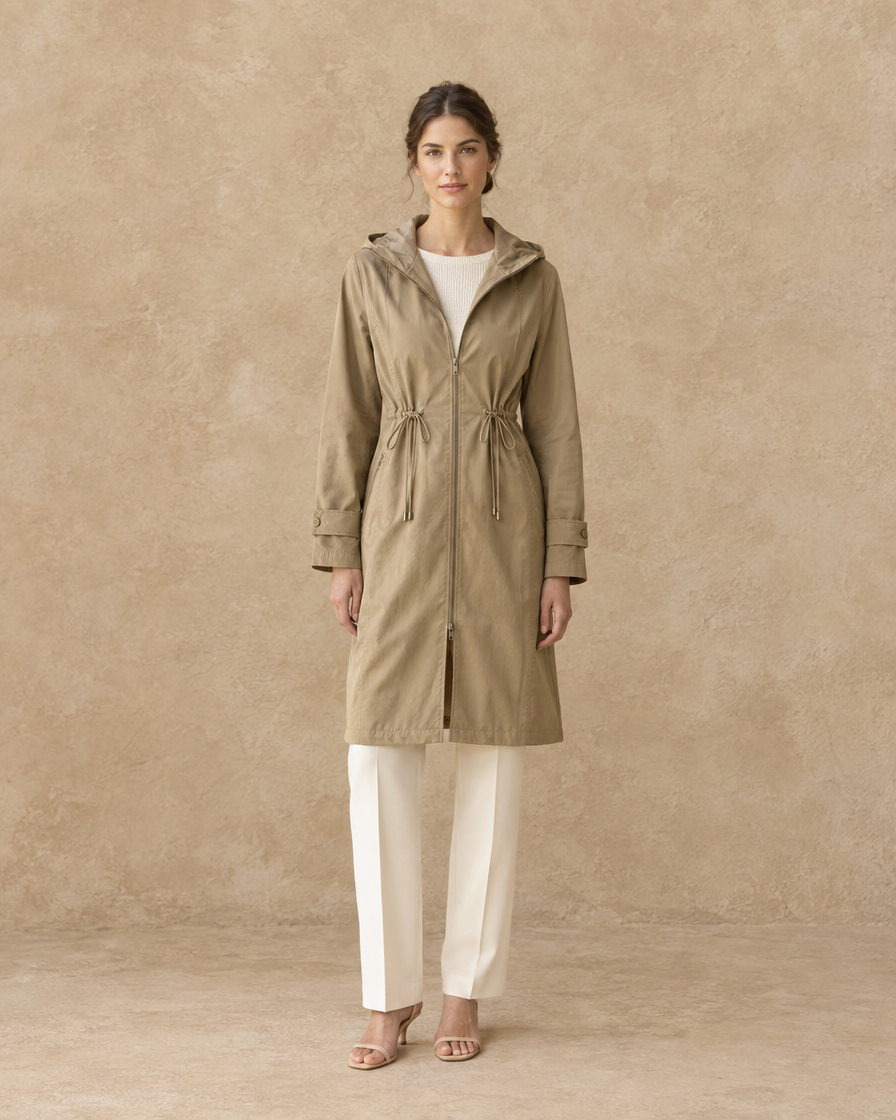 ONORA Sundown Relaxed Plaid-Lined Hooded Trench Coat — full length front, Khaki