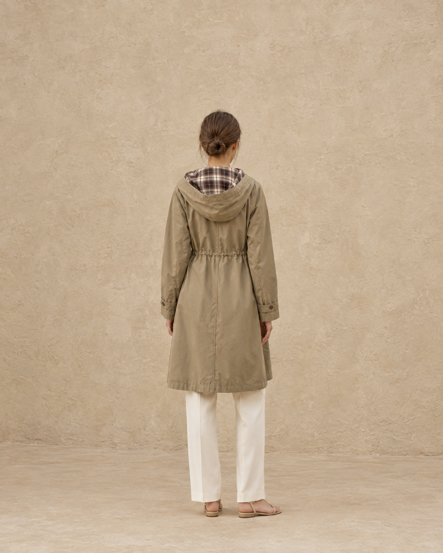 ONORA Sundown Relaxed Plaid-Lined Hooded Trench Coat — full length back
