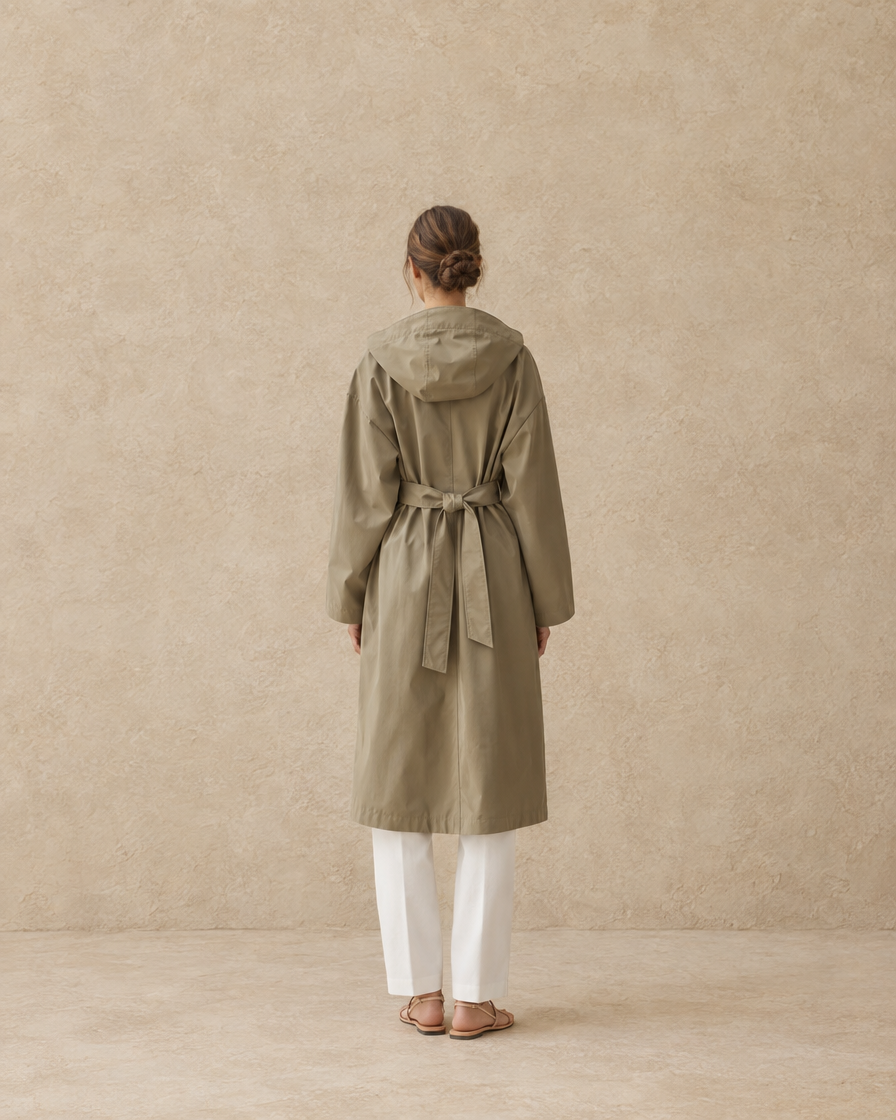 ONORA Lighthouse Relaxed Waterproof Hooded Trench Coat — full length back