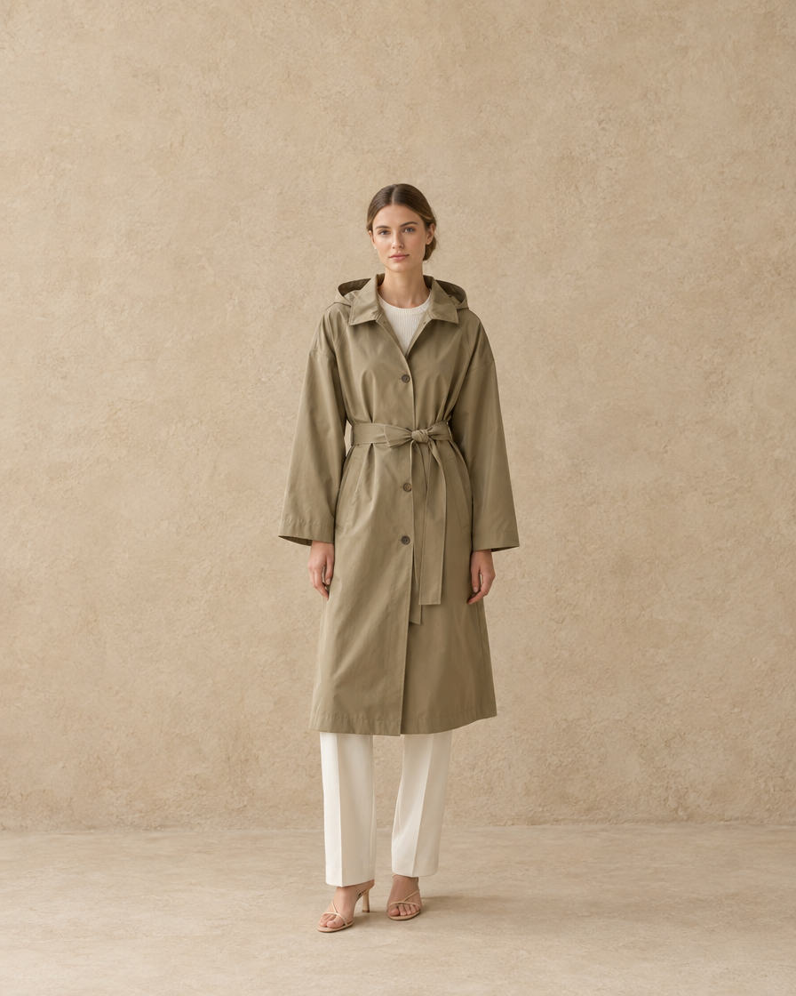 ONORA Lighthouse Relaxed Waterproof Hooded Trench Coat — full length front, Khaki