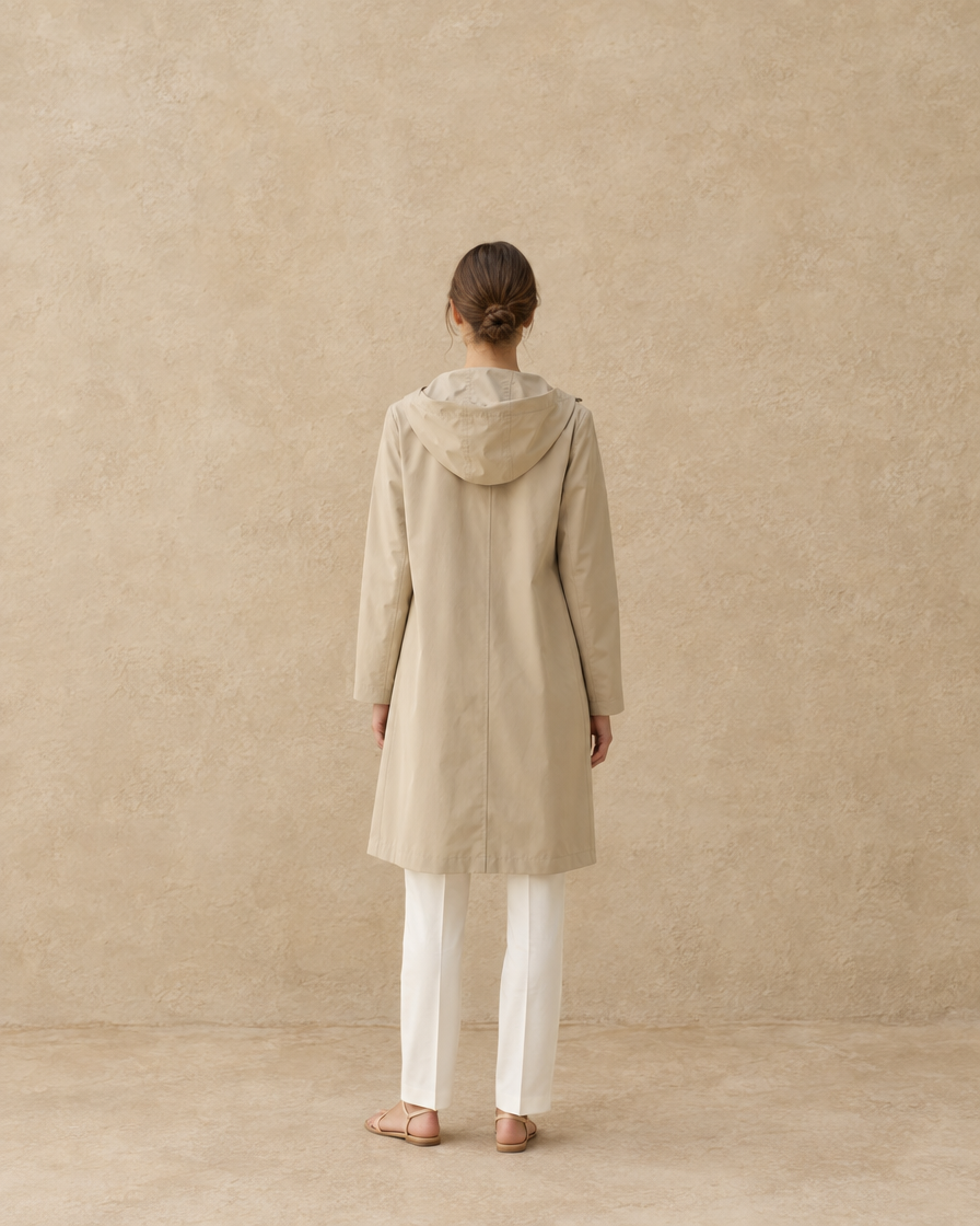 ONORA Wellfleet Lightweight Waterproof Hooded Trench Coat — full length back