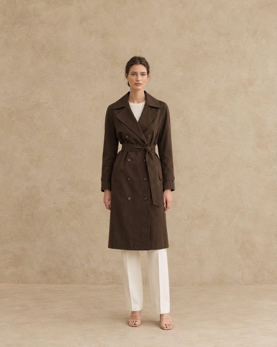 ONORA Mid-Length Double Breasted Trench Coat — Dark Brown