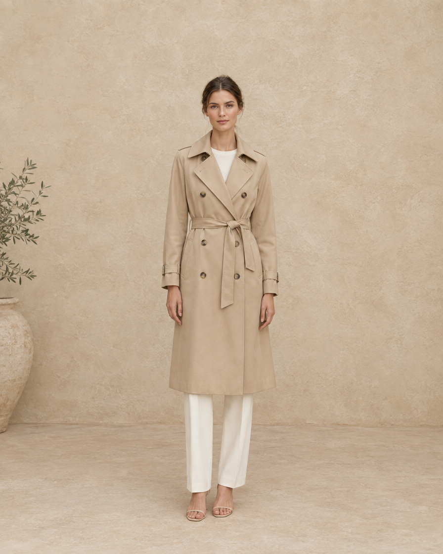 ONORA Mid-Length Double Breasted Trench Coat — full length front, Beige