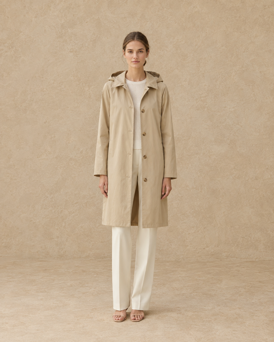 ONORA Wellfleet Lightweight Waterproof Hooded Trench Coat — full length front, Sand Beige