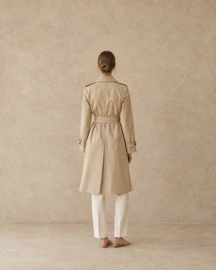ONORA Mid-Length Double Breasted Trench Coat — full length back