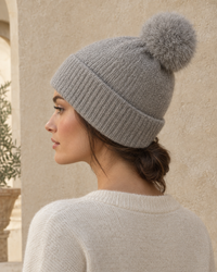 ONORA Gardenia Chic Cashmere Beanie with Pom-Pom — worn, profile