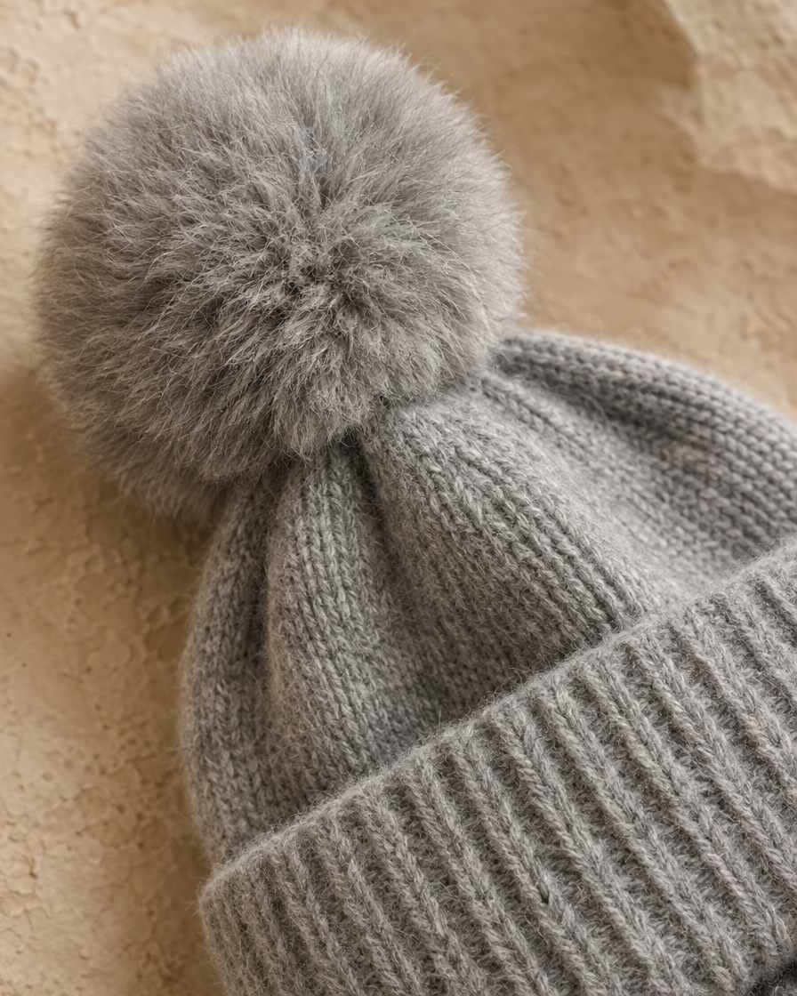 ONORA Gardenia Chic Cashmere Beanie with Pom-Pom — pom-pom and cashmere knit detail