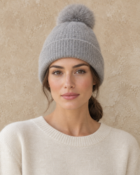 ONORA Gardenia Chic Cashmere Beanie with Pom-Pom — worn, front