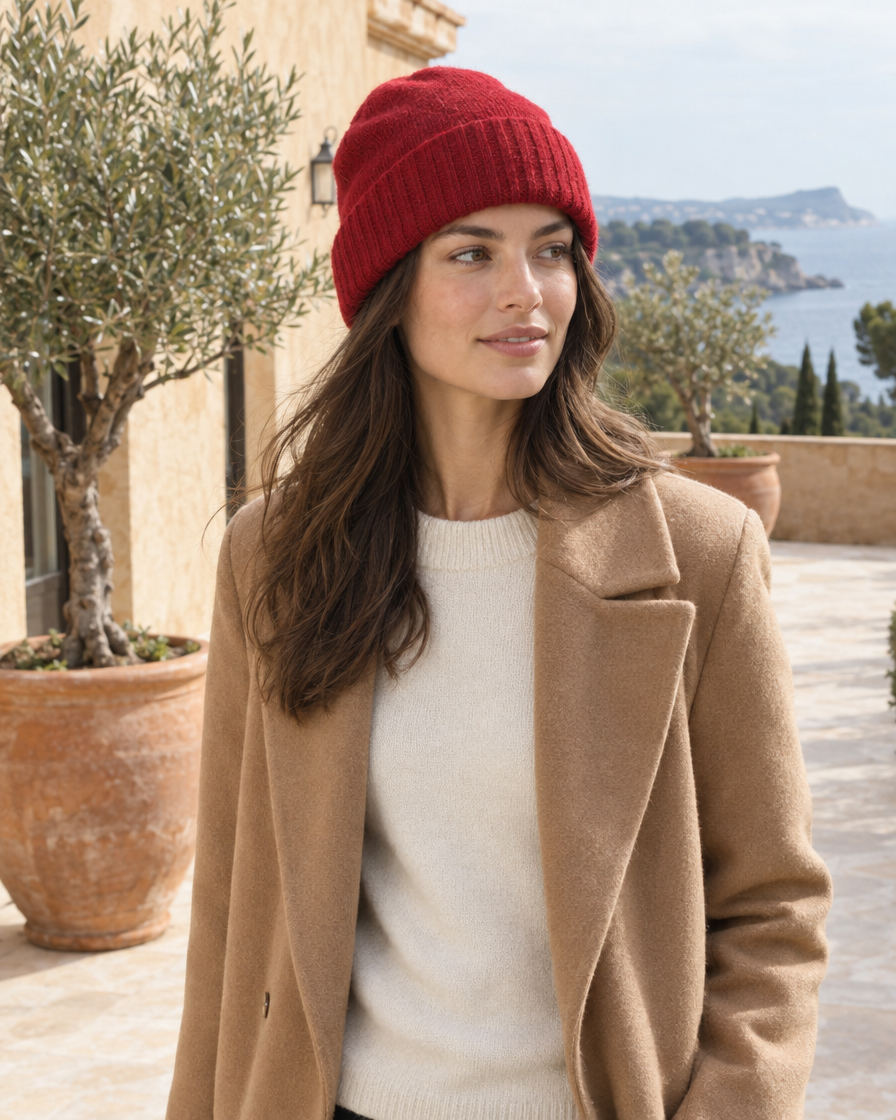 ONORA Summit Warm Double-Layer Cashmere Knit Beanie — worn on a villa terrace