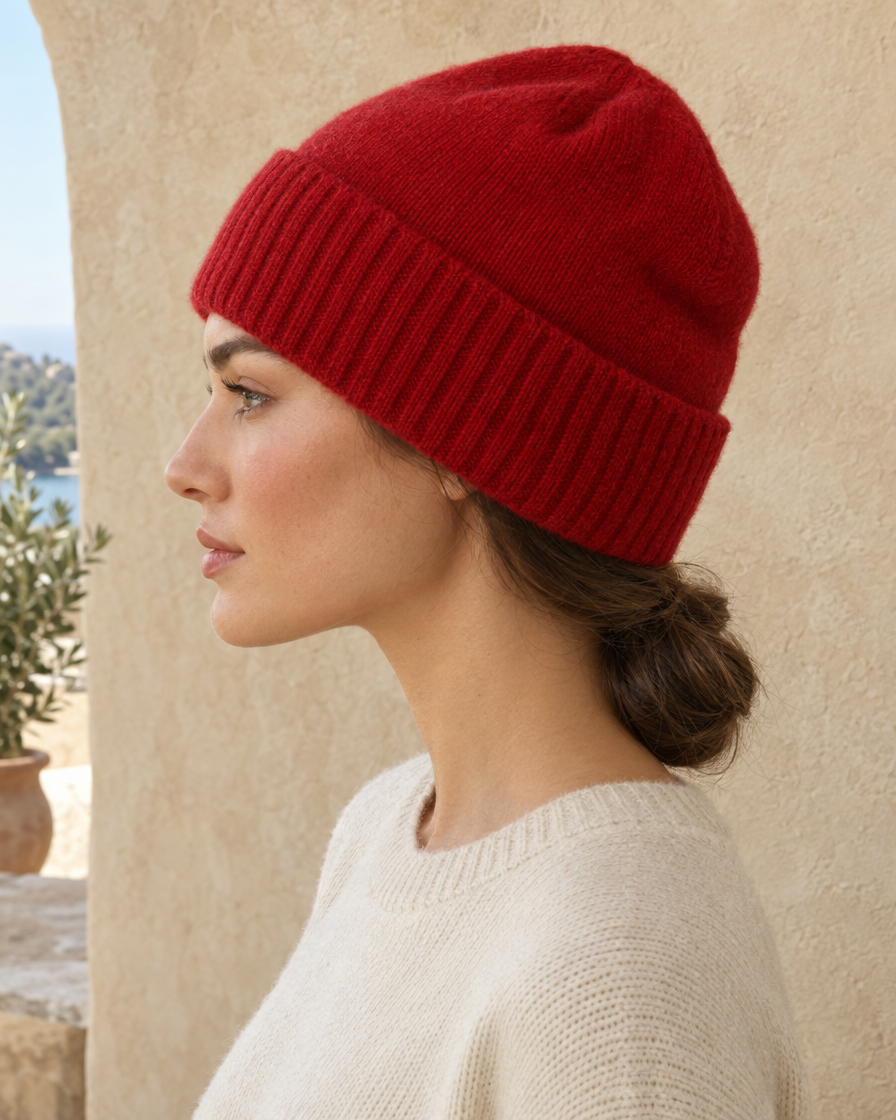 ONORA Summit Warm Double-Layer Cashmere Knit Beanie — worn, profile