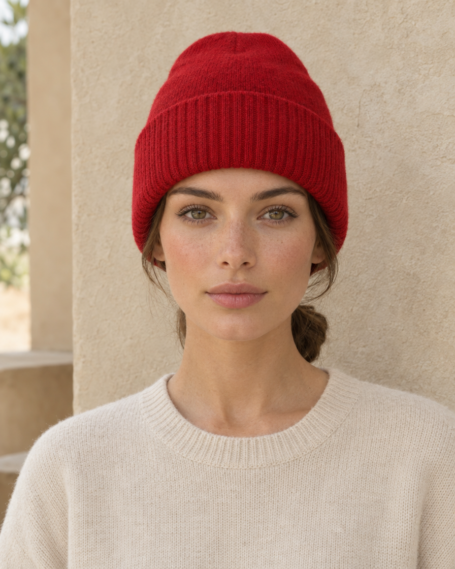 ONORA Summit Warm Double-Layer Cashmere Knit Beanie — worn, front