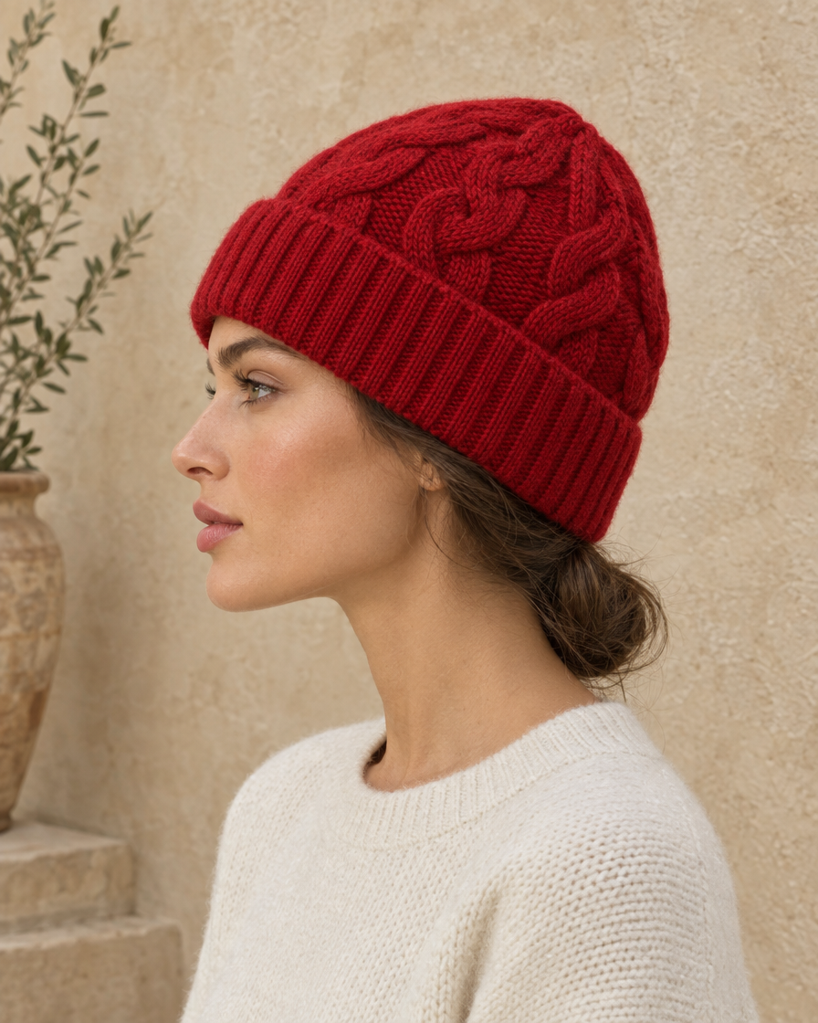 ONORA Hearth Warm Chunky Cable-Knit Ribbed Beanie — worn, profile