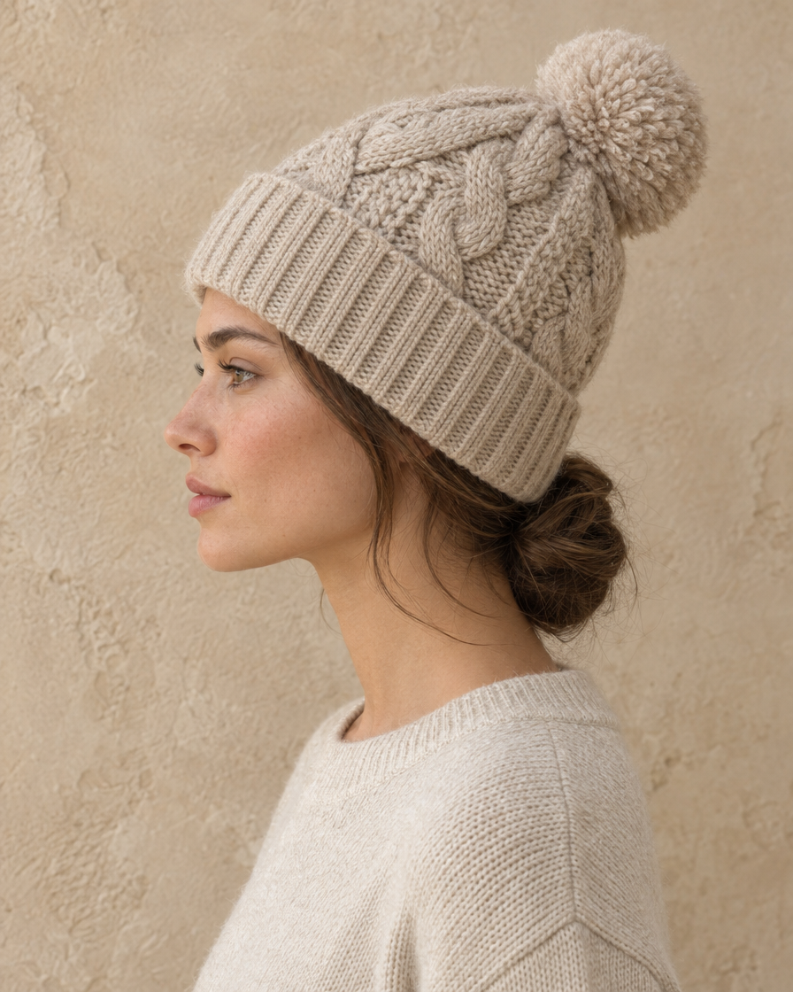 ONORA Fjord Cozy Hand-Knit Cable Cashmere Beanie — worn, profile