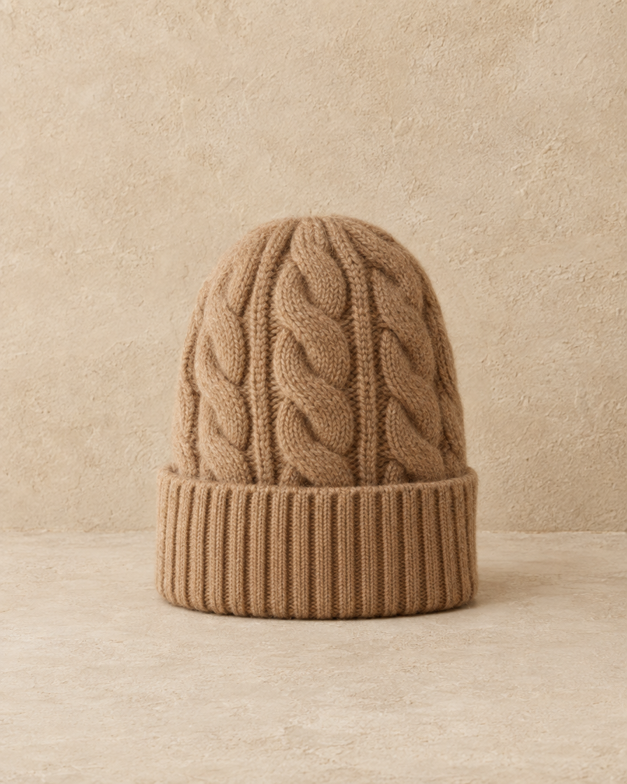 ONORA Hearth Warm Chunky Cable-Knit Ribbed Beanie — Camel