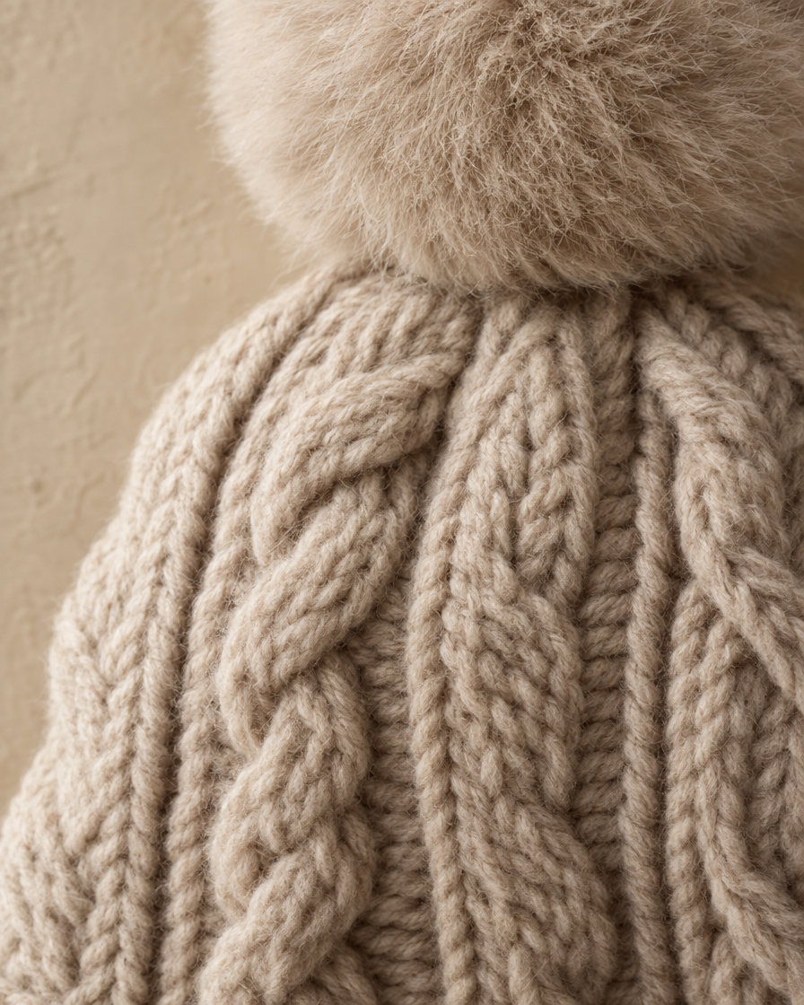 ONORA Fjord Cozy Hand-Knit Cable Cashmere Beanie — hand-knit cable and pom-pom detail