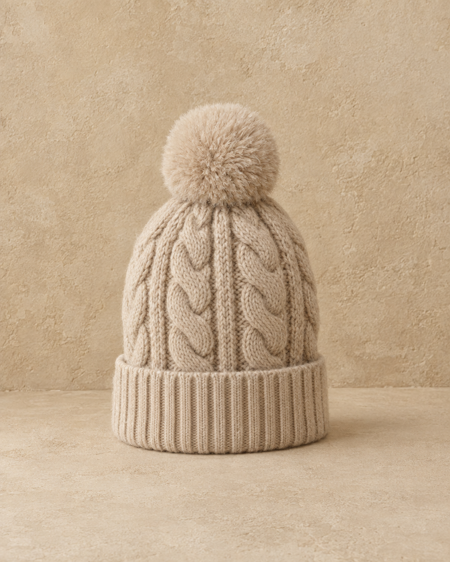 ONORA Fjord Cozy Hand-Knit Cable Cashmere Beanie — front view, Beige