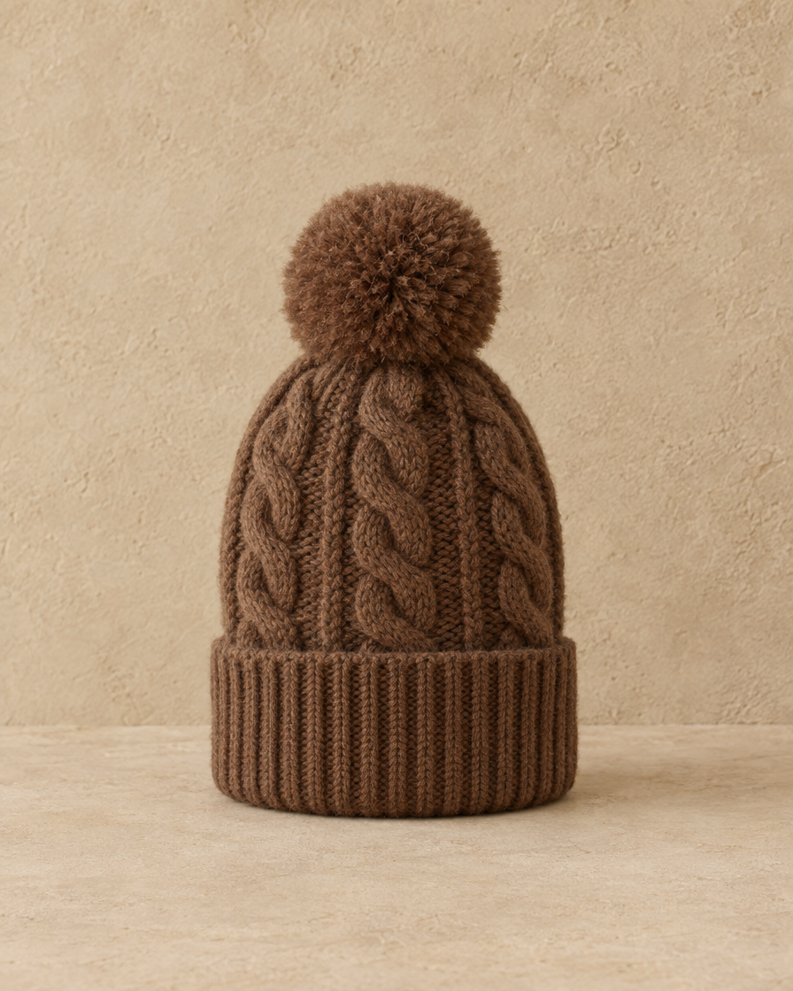 ONORA Fjord Cozy Hand-Knit Cable Cashmere Beanie — Brown