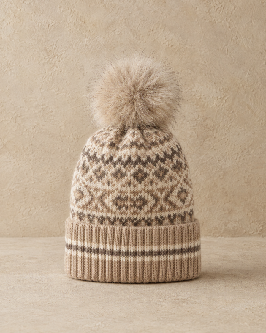 ONORA Cottage Warm Fair Isle Cashmere Pom-Pom Beanie — front view, Beige