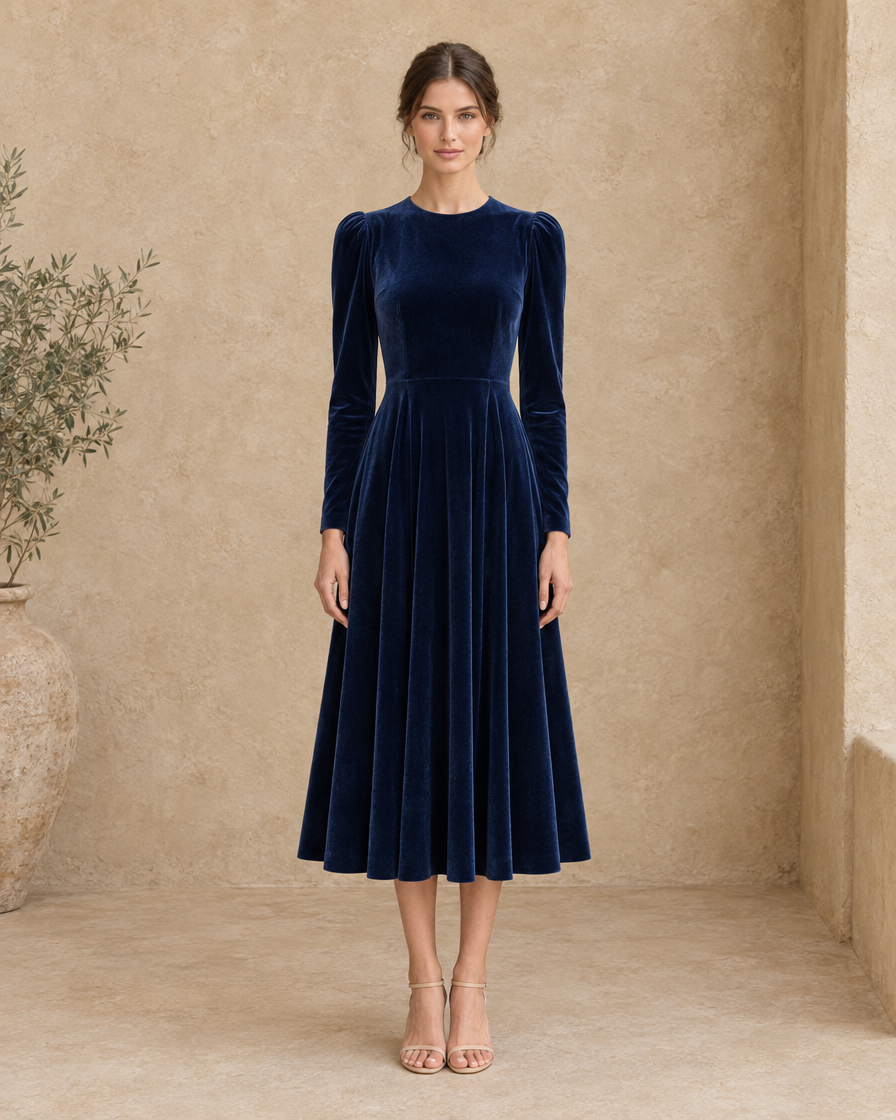 ONORA Telluride Elegant Navy Velvet Midi Dress — full length front