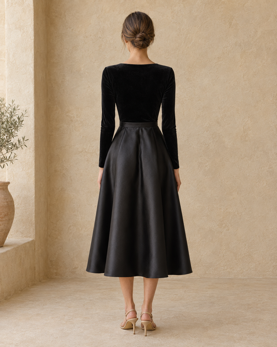ONORA Midnight Elegant Velvet and Satin Long Sleeve Midi Dress — full length back