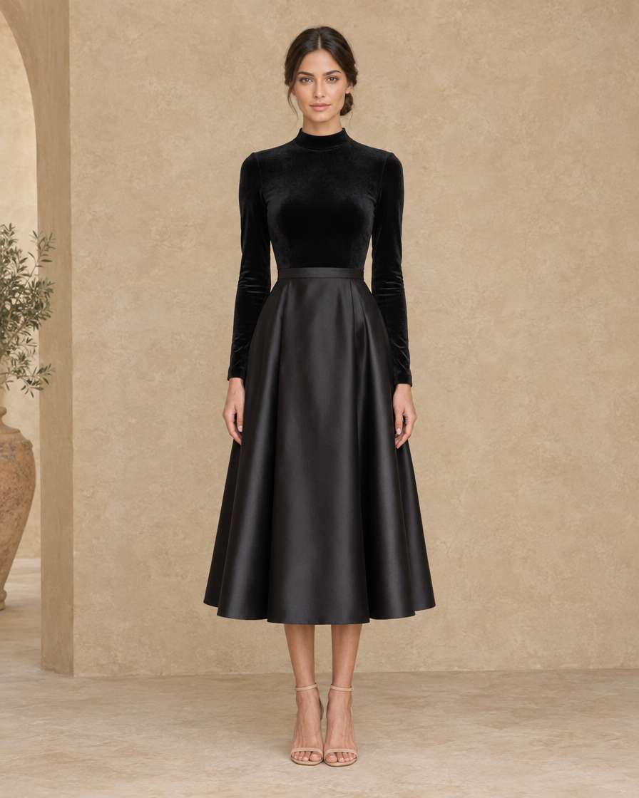 ONORA Midnight Elegant Velvet and Satin Long Sleeve Midi Dress — full length front