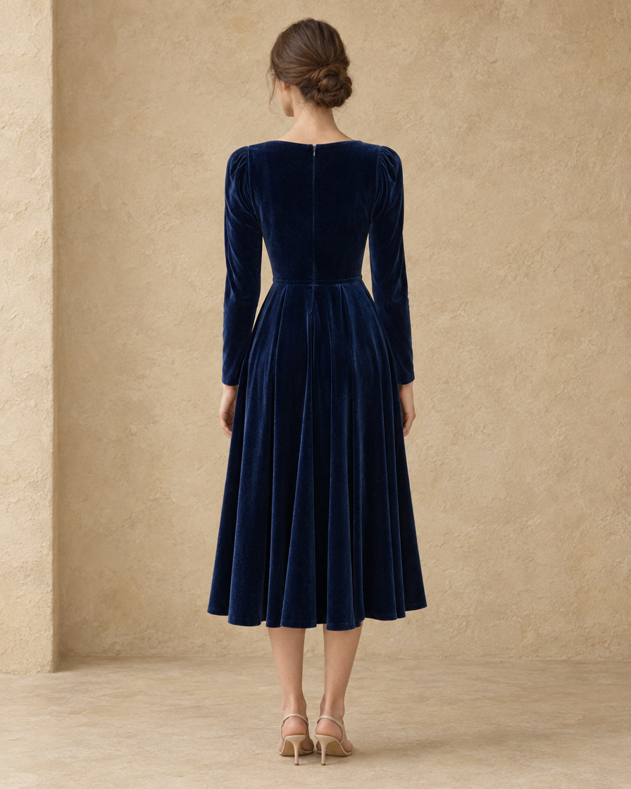 ONORA Telluride Elegant Navy Velvet Midi Dress — full length back