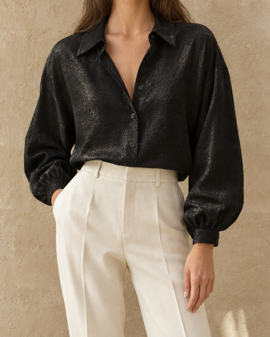 Snowline Elegant Shimmer Long Sleeve Blouse — shimmer fabric and button front close-up
